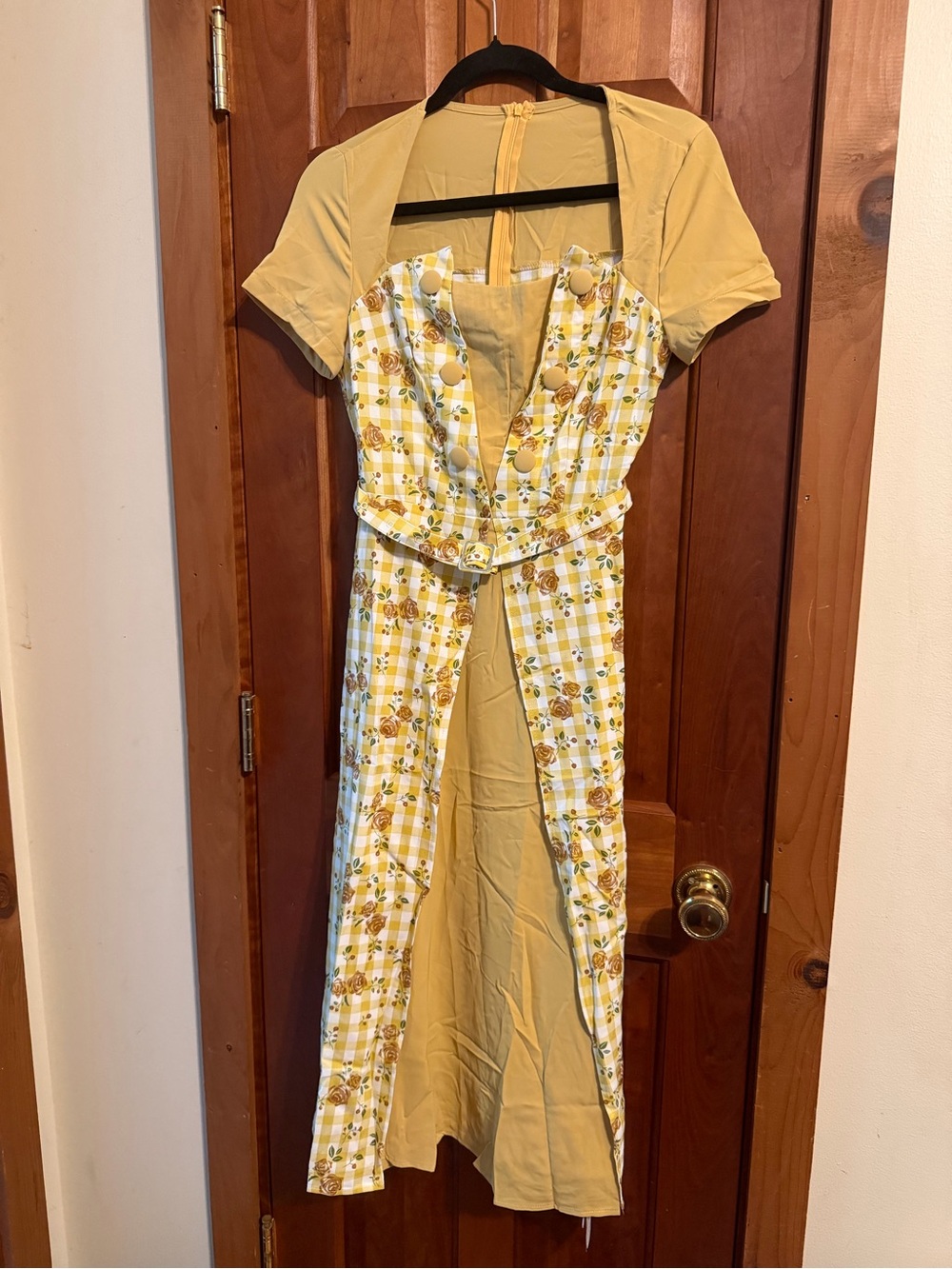 Retro Stage Yellow Floral Plaid Midi Dress with Cap Sleeves